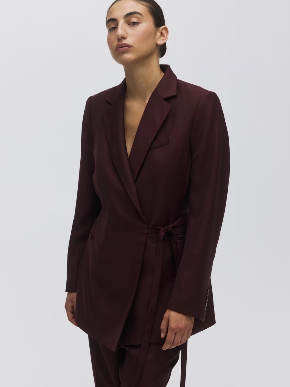 Women's burgundy Suit Wrap Blazer & Wide-Leg Pants Set - Picture 3 of 5